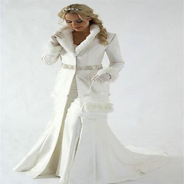 Longueur de plancher femmes blanc ivoire fausse fourrure garniture hiver noël cape de mariée superbes manteaux de mariage à capuche longue fête enveloppes veste296g