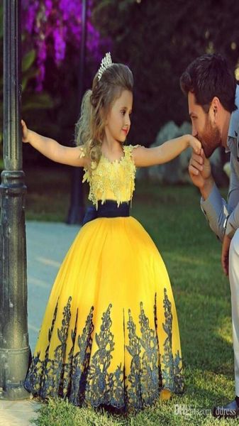 Robe de bal jaune élégante en dentelle, longueur au sol, robes de concours pour petites filles, avec des appliques de princesse, robes de fête pour enfants, cadeau de noël5178486