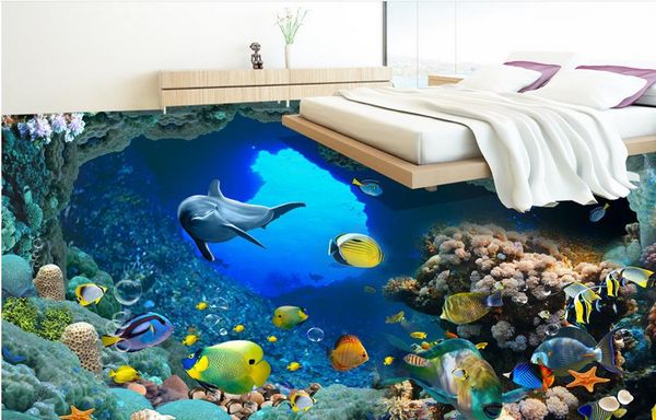 Papel pintado mural para suelo mundo submarino delfín suelo 3d pvc papel pintado de suelo para Baño