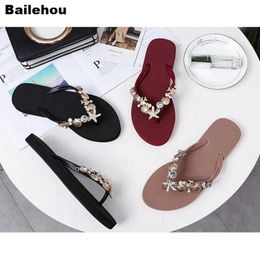 Flops bailehou dames strand slippers strass kristal slippers huis buiten slipper vrouwen platte sandalen glijden op glijbanen niet -slip schoen