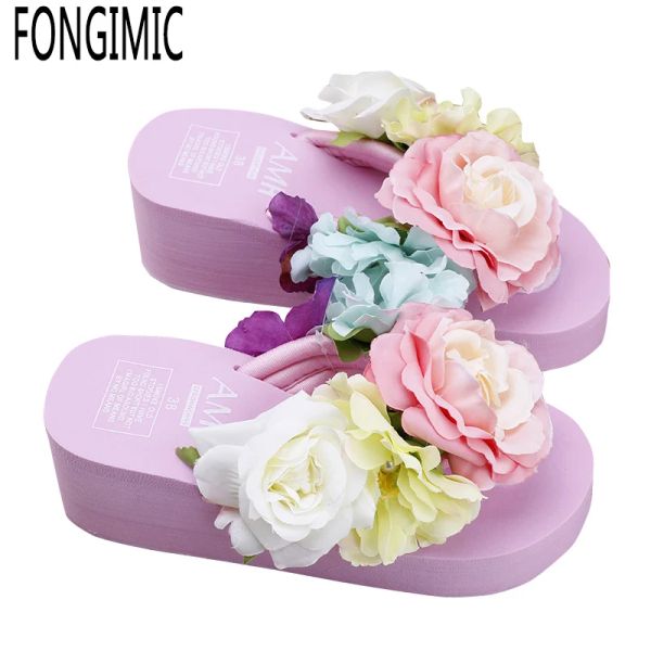 Flops bohemia fleurs femme tongs de plage flipps de style d'été glissades pantoufles résistantes chaussures de plate-forme femme femme frappe les cales de couleur pantoufles