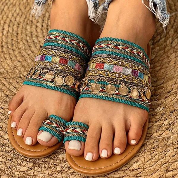 Flops bohème de style ethnique Femmes Slippers Greek Flash Female Sandals Femme Sequins antislip Flip Flops