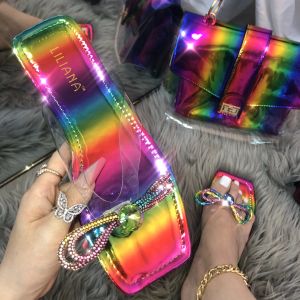 Flops Racs à gelée néon et diapositive Set Rainbow Bow Flipflops and Handbags Rhinestone Flat Sacp Sac Fashion Chaussures Chanclas Mujer