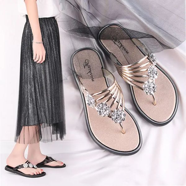 Les flops glissent plates rhhenstone femme pantoufles sandales or bijoux chaussures pour femmes 2023 tongs Summer sur plage Crystals Promotion chaussure