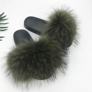 Flops Summer Ratcoon Fur Slippers Femmes duveteuses Real Fox Hair Slides en peluche Sandales Fashion Cute Rainbow Flip Flops Chaussures fs002