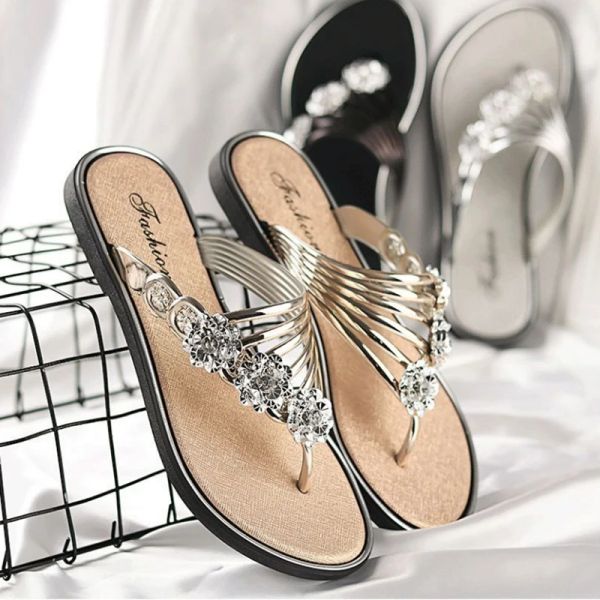 FLOPS Mujeres Flip Flip Fashion Sumpers Slippers Peep Toe Plata Sandalias Anti Skid Beach Lady Casual Golden Crystal Summer Sandalias