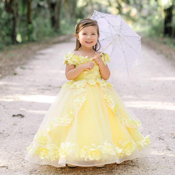 Vestido de flores con apliques florales para niñas, vestidos de fiesta de tul amarillo para niñas, vestido de cumpleaños para dama de honor de primera comunión y boda para bebés