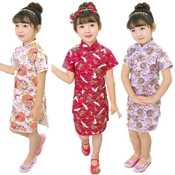 Floral Baby Girl One-Piece Dress Coton Enfants Qipao Vêtements Chi-Pao Cheongsam Costume Filles Slim Dress Vêtement Traditionnel 210413