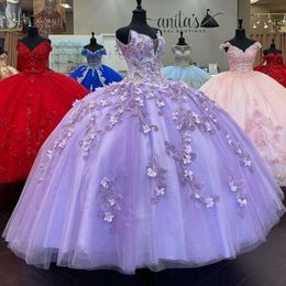 Bloemen kralen 3d Quinceanera Applique jurken Lilac Corset Back Sweetheart halslijn op maat gemaakt zoet 16 prinses feestbal jurk vestidos