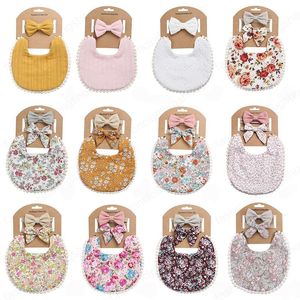 Floral Bibs Hoofdband Set Zuigeling Peuter Bandana Burp Doeken Pasgeboren Baby Meisjes Jongens Linnen Katoen Bloem Print Saliva Handdoek Bib Boog Hoofddeksels Sets