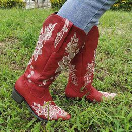 Floral Bonjomarisa Nieuwe Staped Heel Cowboy Western Knie High Boots For Women Borduurwerk Retro CAS