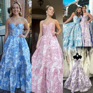 Vestido de reina del baile de graduación con brocado floral 2k24 Corsé Vestido de gala metálico Largo Preadolescente Dama Concurso Noche formal Cóctel Pasarela Gala con corbata negra Fantasía Rosa Lila Azul