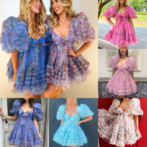 Bloemen chiffon schoolgalajurk 2k24 ballonmouwen ruches rok babydoll preteen dame optocht winter formele avond cocktailparty hoco gala afstudeerjurk