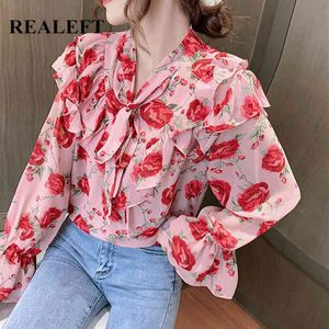 Floral Chiffon Shirts Elegant Lace Up Bowknot Lange Mouw Kantoor Dames Losse Casual Blouses Vrouw 210428