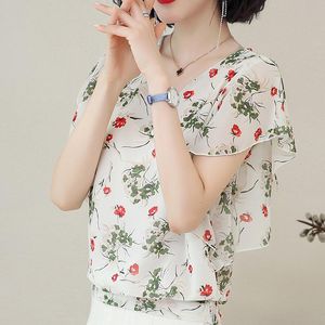 Floral en mousseline de soie femmes Blouse 2021 été o-cou volants à manches courtes bureau dame élégant tire vêtements d'extérieur hauts surdimensionné 3xl femmes Blouses