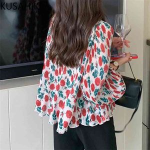 Floral Chiffon Vrouwen Blouse Causale Puff Sleeve V-hals Shirts Zomer Koreaanse Folds Blusas Mujer de Moda Verano 6J553 210603
