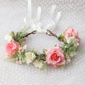 Couronne florale bandeau pour cheveux fille couronne de fleurs bandeau pièces de tête rose Halo casque guirlande Festival fête de mariage Q714p