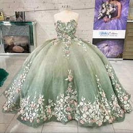 Bloemen D Quinceanera Jurken Appliqué Sweetheart Hals Sweep Trein Korset Terug Zoet Verjaardagsfeestje Gala Bal Avond Vestidos resses