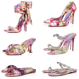 Tacones de diseño floral sandalias de lujo de cristal 6.5/8.5/10 cm zapatos zapatos bombas diseñadoras de verano zapatillas zapatillas sandalias satinales de sandalia mediterránea espejo espejo de la calidad del espejo