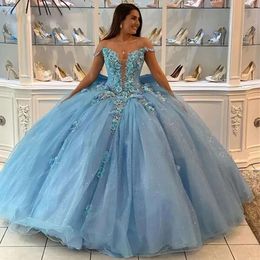 Bloemenjurken 3D met Quinceanera Sky Blue Applique kralen van de schouder op maat gemaakte pailletten tule sweet 15 16 prinses Pageant baljurk Vestidos