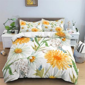 Bloemen dekbedoverdeksel microfiber 2/3 stks queen daisy beddengoed set bladeren planten print zacht ademende quilt deksel met ritssluiting sluiting