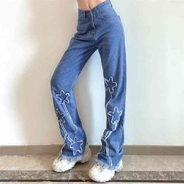Floral Embroderyery Kwastje Blauw Y2K Flare Jeans voor Meisjes Vrouwelijke Mode Vrouwen Vintage Denim Broek Hoge Taille Broek Capris 210510