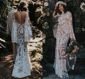 Broderie florale Boho plage sirène robes de mariée 2023 manches longues chauve-souris Vintage crochet dentelle Western Country appliques robes de mariée