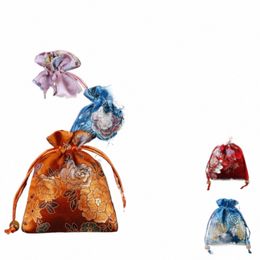Floral broderie Fr cordon sac porte-monnaie style chinois petit portefeuille style ethnique grande capacité bijoux sac d'emballage d7on #