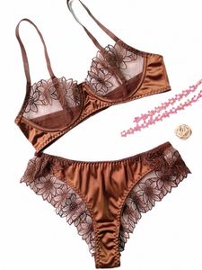 Ensemble de lingerie brodée florale, culotte de soutien-gorge en maille non doublée, sous-vêtements de lingerie sexy pour femmes A38C #