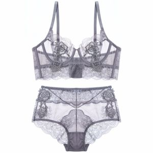 Floral Embroidery Sexy Lingerie Kant Vrouwelijke Intimaten Ultradunne Cup Dames Mode BH Set Transparent Bras Tall Taille SlipjeQ190401