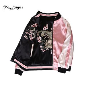 Veste femme broderie florale automne hiver Harajuku veste pilote des deux côtés vestes de baseball décontractées manteaux Sukajan 201006