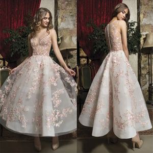 Floral Fabulous Pink Prom -jurken Appliqued Sheer Jewel Neck a Line Short Formal Evening Jurns Knoppen terug enkellengte Homecoming jurk nkle