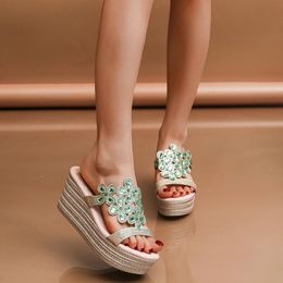 Sandalias de moda floral para mujer, zapatos con plataforma con recorte de diamantes de imitación, tacón de cuña, sandalias con punta abierta 272