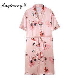 Floral Faux Silk Pijama Summer Nightwear Womem Womem Silk robes M-4xl Big Size Robe Robe causale Côtes courtes Kimono Bathrobe