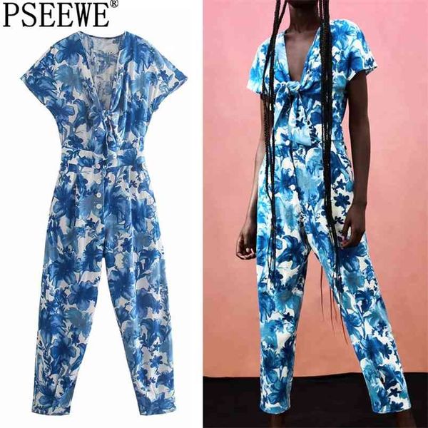 Floral Femelle Jumpsuit Bleu Longue Jumpsuit Femme Summer Mode Bow découpé à manches courtes Casual Romper Femmes Outfit 210519