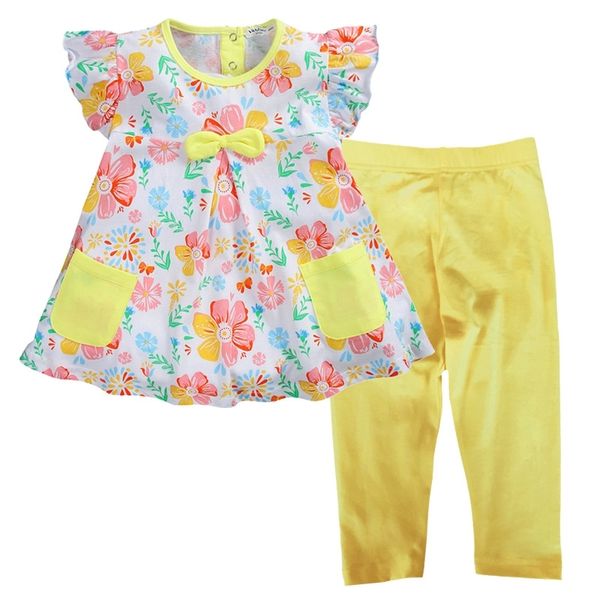 Floral Girls Dress Summer Blouses Pantalons Costumes Ensemble de vêtements pour enfants Pulls Jaune Pantalon Pyjama Costume Enfants Tee Shirts Tops 210413