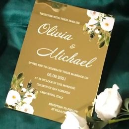 Invitation de mariage en acrylique à miroir en or floral, invitation d'anniversaire transparent personnalisée, rose blanche, invitation à la cermonie, 10pcs
