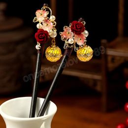 Épingle à cheveux florale lanterne lumineuse bâtons de cheveux chinois pour fête Hanfu bois de santal perle chignon fourchettes Vintage cheveux fermoir bijoux
