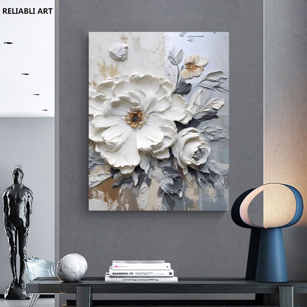 Affiche de style Floral Impasto, peinture de toile de fleurs blanches abstraites, image d'art mural imprimé, décoration de salon moderne sans cadre