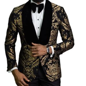 Blazer de jacquard floral para hombre, moda africana de graduación, corte entallado con solapa de chal de terciopelo, chaqueta de traje masculino para esmoquin de novio de boda 240313