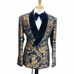 Bloemen Jacquard Blazer voor Mannen Prom Slim Fit met Double Breasted Roken Veet Mannelijke Jas Sjaal Revers Fi Jas 2024 n9ZA #