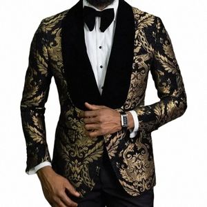 Bloemen Jacquard Heren Blazer Voor Afrikaanse Fi Slim Fit Mannelijke Pak Roken Jas Met Veet Sjaal Revers Voor Bruiloft bruidegom A9Hr #