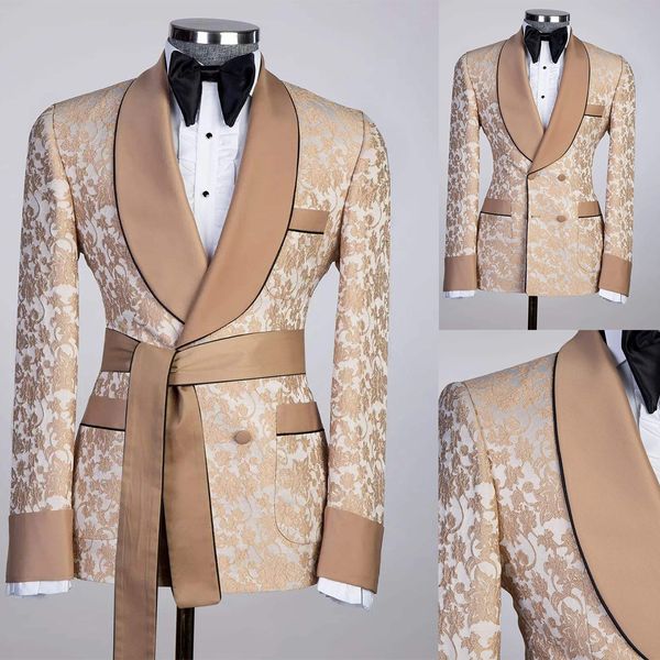 Tuxedos de mariage en Jacquard Floral pour hommes, coupe cintrée, châle à revers, veste à Double boutonnage, 2 pièces, pantalon noir