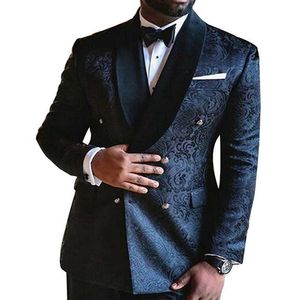 Floral Jacquard Slim fit Hommes Costumes avec Double Boutonnage Bleu Marine Smoking De Mariage pour Garçons D'honneur Noir Châle Revers Homme Mode Ensemble X0909