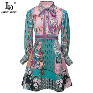 Floral Jacquard été Vintage Mini robe femmes créateur de mode à manches longues imprimé fête courte 210522