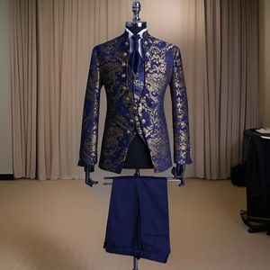 Trajes de boda de jacquard floral para hombres con cuello alto, doble botonadura, azul marino, novio formal, esmoquin, chaqueta, chaleco, pantalones, 3 piezas 231229