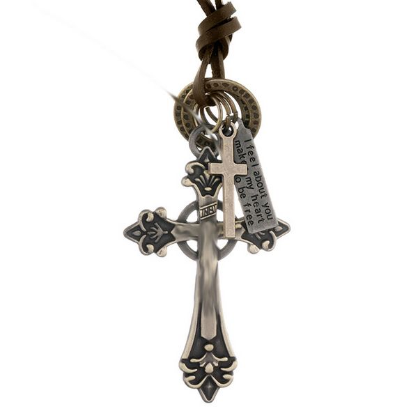 Floral jésus croix collier rétro lettre ID anneau breloque chaîne réglable en cuir colliers pour femmes hommes mode bijoux cadeau