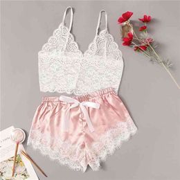 Floral Lace Bralette met satijnen shorts lingerie set vrouwen zomer sexy sets dames beha en panty ondergoed pyjama set-roze 210831