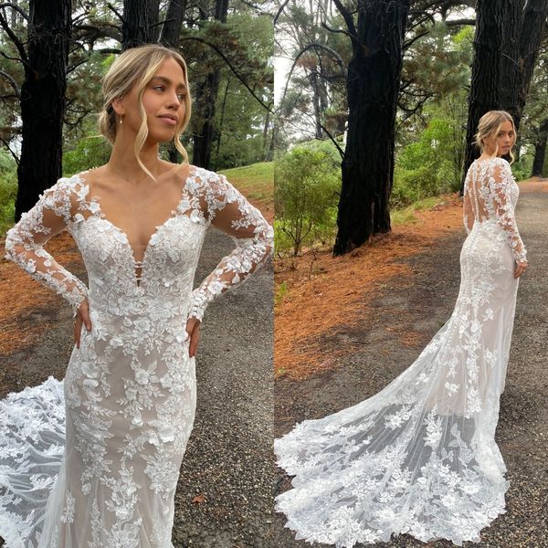 Vestido de novia de encaje floral 2023 Mangas largas transparentes Sirena vestidos de novia Beach Garden Castle Chapel robe de mariee Order-to-made Chapel Train Deep V-Neck