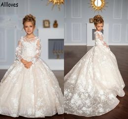 Robes de fille de fleur en dentelle florale pour le cou transparent de fête de mariage avec manches longues pour le concours d'anniversaire de petite fille